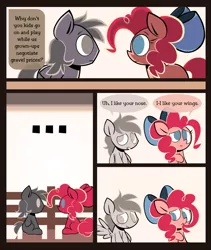 Size: 1200x1425 | Tagged: safe, artist:footsam, derpibooru import, pinkie pie, oc, oc:tornado, earth pony, pegasus, pony, ask pinkie pie and tornado, ..., awkward moment, blank flank, bow, colt, comic, female, filly, filly pinkie pie, hair bow, hair chewing, implied igneous rock pie, male, mane chewing, no catchlights, no pupils, offscreen character, spread wings, wavy mouth, wingboner, wings, younger