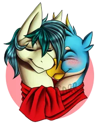 Size: 1413x1797 | Tagged: safe, artist:carrscrap, derpibooru import, gallus, sandbar, earth pony, gryphon, bust, clothes, cute, gallbar, gay, male, scarf, shared clothing, shared scarf, shipping, simple background, snuggling, teenager, transparent background