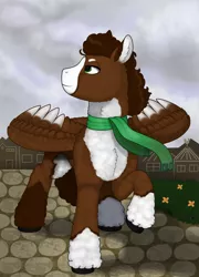 Size: 1569x2183 | Tagged: safe, artist:69beas, derpibooru import, oc, oc:luke pineswood, unofficial characters only, pegasus, pony, chest fluff, clothes, colored hooves, colored wings, digital art, ear fluff, fluffy, hoof fluff, looking up, male, neck fluff, pinto, raised hoof, scarf, solo, spread wings, stallion, wind, wings