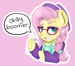 Size: 5000x4398 | Tagged: safe, artist:partylikeanartist, derpibooru import, fluttershy, pegasus, pony, absurd resolution, alternate hairstyle, bandana, boomer, bust, clothes, eyebrows, glasses, hat, hipster, hipster glasses, hipstershy, jumper, ok boomer, okay boomer, portrait, scarf, simple background, solo, speech bubble, sweater, wingding eyes