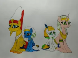 Size: 3403x2548 | Tagged: safe, artist:bsw421, derpibooru import, oc, oc:akhenaten, oc:hector, oc:neferneferuaten nefertiti, oc:scarab, unofficial characters only, pegasus, pony, unicorn, colt, egyptian, egyptian pony, fake beard, family, feather, female, filly, headdress, male, pharaoh, smiling, traditional art