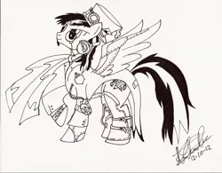 Size: 2175x1700 | Tagged: safe, artist:fizzyrox, derpibooru import, oc, unofficial characters only, pegasus, pony, clothes, goggles, hat, lineart, monocle, pegasus oc, raised hoof, scarf, signature, solo, steampunk, top hat, traditional art, wings