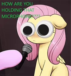 Size: 561x600 | Tagged: safe, artist:captain metric, artist:moozua, derpibooru import, edit, fluttershy, pegasus, pony, big eyes, blushing, caption, crying, crying cat, cute, dilated pupils, female, floppy ears, googly eyes, hoof hold, hooves, lampshade hanging, looking at you, mare, meme, microphone, offscreen character, ponified animal photo, ponified meme, sad, sadorable, shyabetes, solo focus, subverted meme, teary eyes, text, textless