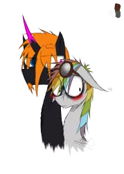 Size: 1000x1400 | Tagged: safe, artist:didun850, derpibooru import, oc, oc:clockwork crow, oc:le quill de von, unofficial characters only, earth pony, pony, unicorn, blushing, bust, curved horn, earth pony oc, eye clipping through hair, gay, goggles, heterochromia, horn, male, multicolored hair, oc x oc, rainbow hair, shipping, simple background, stallion, transparent background, unicorn oc