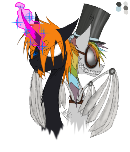Size: 1200x1400 | Tagged: safe, artist:didun850, derpibooru import, oc, oc:clockwork crow, oc:le quill de von, unofficial characters only, pegasus, pony, unicorn, amputee, artificial wings, augmented, bust, curved horn, glowing horn, grin, hat, heterochromia, horn, male, pegasus oc, prosthetic limb, prosthetic wing, prosthetics, sharp teeth, simple background, smiling, stallion, teeth, top hat, transparent background, unicorn oc, wings