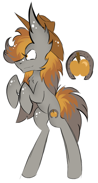 Size: 412x764 | Tagged: safe, artist:hunterthewastelander, derpibooru import, oc, unofficial characters only, pony, female, hat, horseshoes, mare, offspring, parent:braeburn, parent:marble pie, parents:braeble, rearing, simple background, solo, white background