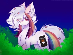 Size: 1600x1200 | Tagged: safe, artist:creadorachan, derpibooru import, oc, oc:ayaka, ponified, earth pony, pony, alternate design, art trade, bush, chest fluff, ear fluff, eye clipping through hair, female, species swap, stars