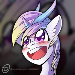 Size: 1024x1024 | Tagged: safe, artist:obscuredragone, derpibooru import, oc, pony, unicorn, big eyes, blushing, commission, ear fluff, female, happy, horn, horns, mare, open mouth, pentagram, smiley face, solo, ych result