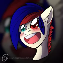 Size: 1024x1024 | Tagged: safe, artist:obscuredragone, derpibooru import, oc, oc:beatbreaker, pony, big eyes, blue and red, blue mane, blushing, commission, ear fluff, happy, open mouth, red and blue, red mane, smiley face, solo, two colour eyes, two colour hair, ych result