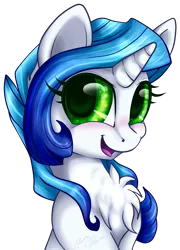 Size: 1751x2434 | Tagged: safe, artist:gleamydreams, derpibooru import, oc, oc:gleamy, unofficial characters only, pony, unicorn, blue hair, chest fluff, digital art, female, green eyes, looking at you, mare, no clothes, signature, smiling, solo