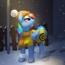 Size: 3000x3000 | Tagged: safe, artist:hardbrony, derpibooru import, rainbow dash, pegasus, pony, clothes, cute, dashabetes, delivery pony, digital art, female, mare, smiling, snow, snowfall, solo, tongue out, winter outfit, yandex