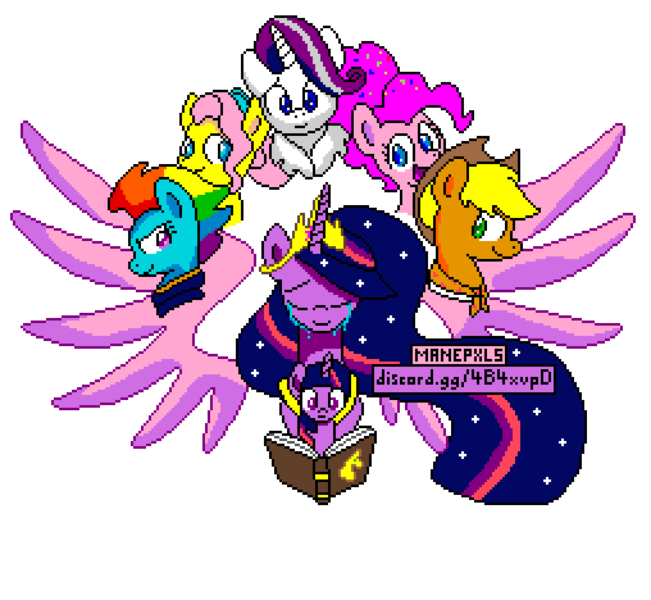 Size: 1016x936 | Tagged: safe, alternate version, artist:sugar morning, derpibooru import, editor:cocoa bittersweet, applejack, fluttershy, pinkie pie, princess twilight 2.0, rainbow dash, rarity, twilight sparkle, twilight sparkle (alicorn), alicorn, earth pony, pegasus, pony, unicorn, the last problem, big crown thingy 2.0, bonnet, book, bust, crying, cute, end of ponies, ethereal mane, female, glare, lidded eyes, mane six, manepxls, mare, mlp fim's ninth anniversary, older, older applejack, older fluttershy, older mane six, older pinkie pie, older rainbow dash, older rarity, older twilight, pixel art, portrait, pxls.space, simple background, smiling, smirk, spread wings, starry mane, stars, transparent background, unicorn twilight, wings, younger