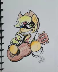 Size: 2363x2903 | Tagged: safe, artist:boyoxhot, derpibooru import, applejack, earth pony, crossover, dr. alto clef, dr. clef, female, grin, mare, musical instrument, scp, scp foundation, smiling, solo, three eyes, traditional art, ukulele
