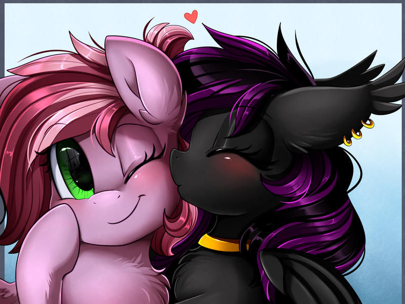 Size: 2379x1783 | Tagged: safe, artist:pridark, derpibooru import, oc, unofficial characters only, bat pony, earth pony, pony, bat pony oc, bat wings, blushing, bust, commission, cute, eyes closed, green eyes, kissing, ocbetes, one eye closed, portrait, smiling, wings