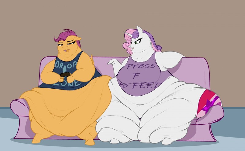 Size: 1280x790 | Tagged: anthro, artist:astr0zone, belly, big belly, bingo wings, blob, butt, clothes, controller, couch, derpibooru import, duo, fat, huge belly, huge butt, impossibly large belly, impossibly large butt, impossibly wide hips, large belly, large butt, morbidly obese, obese, questionable, rolls of fat, scootalard, scootaloo, sweetie belle, sweetie belly, tanktop, weight gain, wide hips