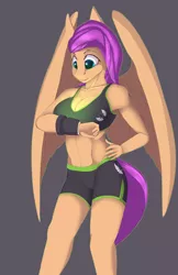 Size: 2400x3700 | Tagged: anthro, artist:chapaevv, clothes, commission, derpibooru import, enclave, fallout, fallout equestria, female, not scootaloo, oc, oc:fleeting dawn, pegasus, pegasus oc, safe, shorts, solo, sports bra, sports shorts, unofficial characters only, wings