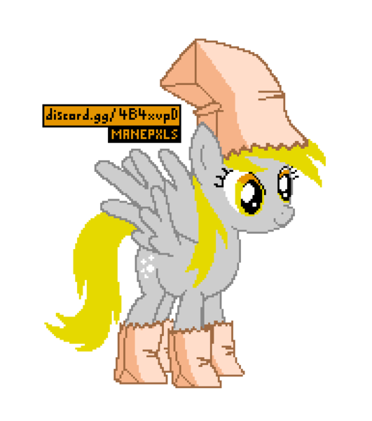 Size: 772x872 | Tagged: safe, derpibooru import, editor:cocoa bittersweet, derpy hooves, pegasus, pony, bag, bags, clothes, costume, cutie mark, female, manepxls, mare, nightmare night, nightmare night costume, paper bag, paper bag wizard, paper bags, pixel art, pxls.space, simple background, smiling, solo, transparent background, wings