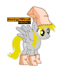 Size: 772x872 | Tagged: safe, derpibooru import, editor:cocoa bittersweet, derpy hooves, pegasus, pony, bag, bags, clothes, costume, cutie mark, female, manepxls, mare, nightmare night, nightmare night costume, paper bag, paper bag wizard, paper bags, pixel art, pxls.space, simple background, smiling, solo, transparent background, wings