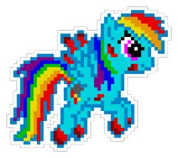 Size: 530x470 | Tagged: semi-grimdark, derpibooru import, editor:cocoa bittersweet, rainbow dash, pegasus, pony, blood, cutie mark, female, manepxls, mare, pixel art, pxls.space, simple background, smiling, solo, transparent background, wings