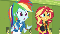 Size: 1920x1080 | Tagged: safe, derpibooru import, screencap, fluttershy, rainbow dash, sci-twi, sunset shimmer, twilight sparkle, equestria girls, equestria girls series, holidays unwrapped, spoiler:eqg series (season 2), animated, canterlot high, crossed arms, flinch, frown, geode of empathy, geode of fauna, geode of super speed, geode of telekinesis, glasses, hairpin, hallway, lockers, looking at someone, magical geodes, o come all ye squashful, ponytail, pun, raised eyebrow, smiling, sound, talking, unhappy, upset, webm