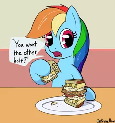 Size: 1200x1289 | Tagged: safe, artist:infrayellow, derpibooru import, rainbow dash, pegasus, pony, /mlp/, cute, dashabetes, dialogue, female, food, hoof hold, mare, open mouth, pasta and potato sandwich on sourdough, sandwich, solo, speech bubble, talking to viewer