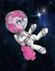 Size: 1608x2081 | Tagged: safe, artist:lightisanasshole, derpibooru import, pinkie pie, earth pony, pony, astronaut, astronaut pinkie, clothes, element of laughter, floating, future, happy, jetpack, looking up, smiling, solo, space, spacesuit, stars, suit, traditional art, watercolor painting
