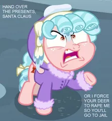 Size: 629x680 | Tagged: suggestive, derpibooru import, edit, edited screencap, screencap, cozy glow, pegasus, pony, frenemies (episode), angry, blackmail, cozy glow is best facemaker, cozy glow is not amused, cropped, dialogue, didn't think this through, extortion, implied bestiality, santa claus, solo