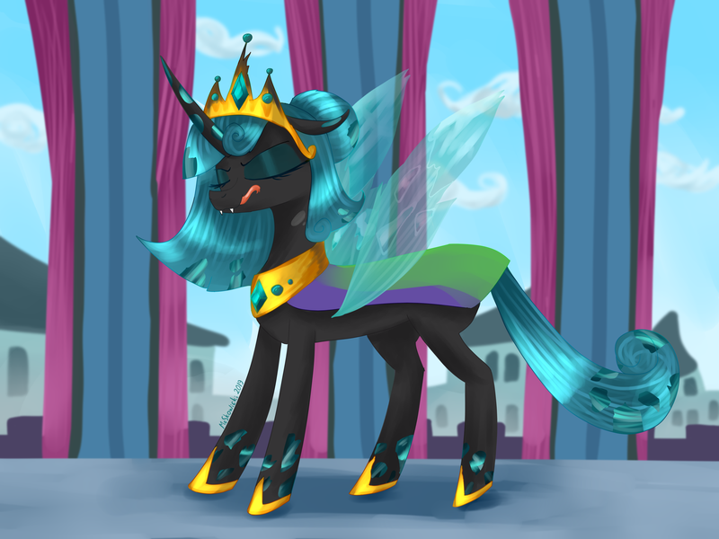 Size: 3000x2250 | Tagged: safe, artist:moskowizki, derpibooru import, queen chrysalis, changeling, changeling queen, crown, female, jewelry, regalia, solo, tongue out