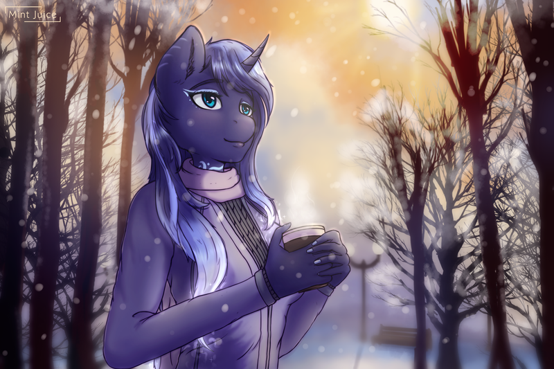 Size: 3000x2000 | Tagged: safe, artist:mintjuice, derpibooru import, oc, oc:mystic shadow, unofficial characters only, anthro, unicorn, anthro oc, bench, chocolate, clothes, coffee mug, commission, female, food, horn, hot chocolate, mare, mug, park, scarf, smiling, snow, snowfall, solo, sweater, tree, unicorn oc, winter, ych result