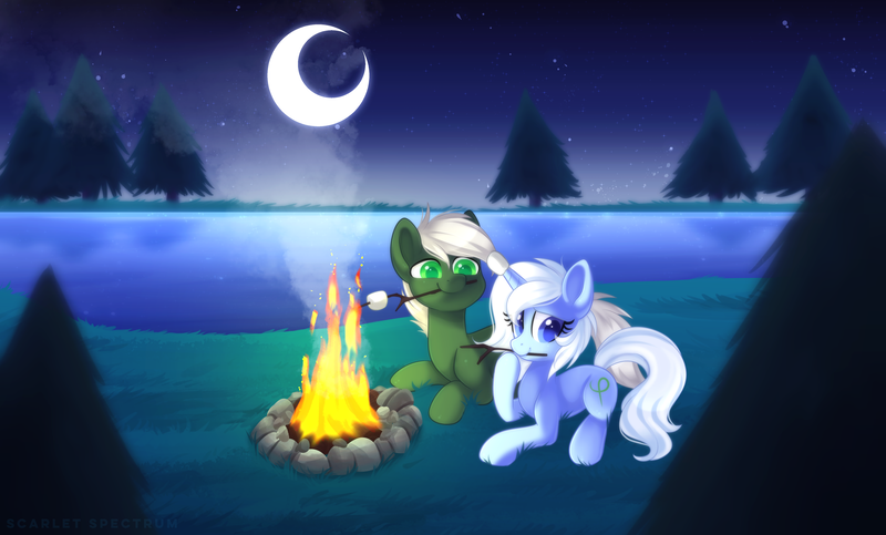 Size: 4770x2877 | Tagged: safe, artist:scarlet-spectrum, derpibooru import, oc, oc:eula phi, oc:summer breeze, unofficial characters only, pegasus, pony, unicorn, campfire, camping, cute, food, lake, marshmallow, moon, night, roasting