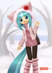 Size: 1000x1403 | Tagged: anthro, artist:howxu, cocobetes, coco pommel, cute, derpibooru import, female, flower, looking at you, open mouth, patreon, patreon logo, safe, snow, solo, weapons-grade cute, winter