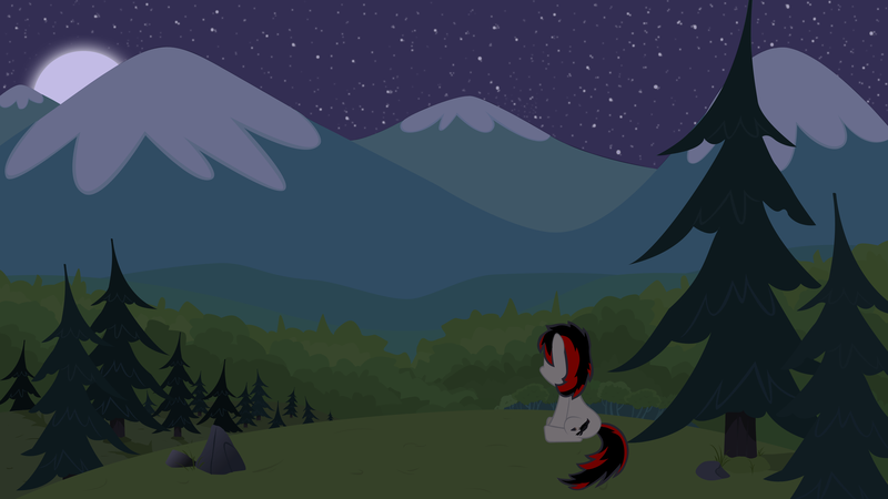 Size: 3840x2160 | Tagged: safe, artist:momoe-mi, derpibooru import, oc, oc:raven fear, unofficial characters only, earth pony, female, forest, moon, mountain, night, night sky, pine tree, scenery, sky, solo, stargazing, tree, wallpaper, watching