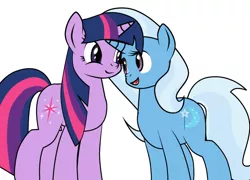 Size: 600x432 | Tagged: safe, artist:dekomaru, derpibooru import, trixie, twilight sparkle, pony, unicorn, cropped, female, lesbian, looking at each other, mare, shipping, simple background, smiling, twixie, white background