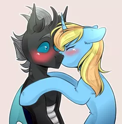 Size: 1411x1440 | Tagged: safe, artist:ilovefraxus, derpibooru import, oc, oc:skydreams, oc:tectus ignis, unofficial characters only, changeling, pony, unicorn, blushing, blushing profusely, changeling oc, commission, female, kiss on the cheek, kissing, love, mare, nuzzling, skytus, surprise kiss, ych result