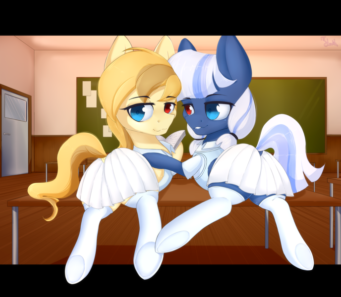 Size: 4512x3935 | Tagged: safe, artist:shadikbitardik, derpibooru import, oc, oc:alice goldenfeather, oc:umbera duskfeather, unofficial characters only, pony, auction, clothes, commission, heterochromia, pleated skirt, school uniform, schoolgirl, skirt, socks, stockings, thigh highs, ych result, your character here