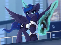 Size: 2700x2010 | Tagged: safe, artist:shadowreindeer, derpibooru import, princess luna, oc, oc:night-connor, alicorn, pony, robot, blurred background, clothes, connor, cosplay, costume, crossover, detroit: become human, female, glowing horn, gun, gynoid, horn, jacket, levitation, looking at you, magic, mare, rifle, rk900, sniper rifle, solo, spread wings, telekinesis, weapon, wings