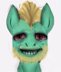 Size: 436x513 | Tagged: safe, artist:jellymaggot, derpibooru import, zephyr breeze, ponified, pegasus, pony, /mlp/, 4chan, bust, coomer, creepy, creepy smile, cursed image, drawthread, facial hair, meme, red eyes, simple background, smiling, uncanny valley, white background, wojak