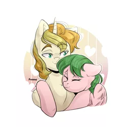 Size: 2000x2000 | Tagged: safe, artist:ilovefraxus, derpibooru import, oc, oc:divo soprano, oc:libby belle, unofficial characters only, pegasus, pony, unicorn, eyes closed, female, heart, hug, husband and wife, male, mare, simple background, stallion, white background