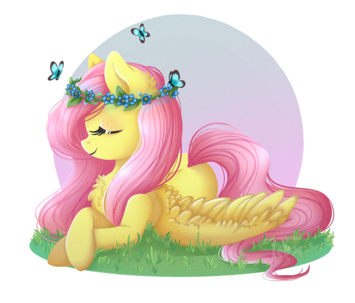 Size: 920x785 | Tagged: safe, artist:toxiccolour, derpibooru import, fluttershy, butterfly, pegasus, pony, abstract background, chest fluff, circle background, crossed hooves, cute, eyes closed, female, floral head wreath, flower, grass, mare, outdoors, prone, shyabetes, smiling, solo, spread wings, wings