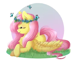 Size: 920x785 | Tagged: safe, artist:toxiccolour, derpibooru import, fluttershy, butterfly, pegasus, pony, abstract background, chest fluff, circle background, crossed hooves, cute, eyes closed, female, floral head wreath, flower, grass, mare, outdoors, prone, shyabetes, smiling, solo, spread wings, wings