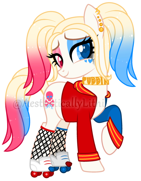 Size: 788x1015 | Tagged: safe, artist:aestheticallylithi, artist:lazuli, derpibooru import, oc, oc:har-harley queen, unofficial characters only, earth pony, pony, base used, choker, clothes, commission, ear piercing, earring, eyeshadow, female, fishnets, harley quinn, heart eyes, heterochromia, hoodie, jewelry, makeup, mare, multicolored hair, piercing, pigtails, raised hoof, roller skates, running makeup, simple background, socks, solo, stockings, tattoo, thigh highs, transparent background, twintails, watermark, wingding eyes