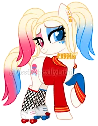Size: 788x1015 | Tagged: safe, artist:aestheticallylithi, artist:lazuli, derpibooru import, oc, oc:har-harley queen, unofficial characters only, earth pony, pony, base used, choker, clothes, commission, ear piercing, earring, eyeshadow, female, fishnets, harley quinn, heart eyes, heterochromia, hoodie, jewelry, makeup, mare, multicolored hair, piercing, pigtails, raised hoof, roller skates, running makeup, simple background, socks, solo, stockings, tattoo, thigh highs, transparent background, twintails, watermark, wingding eyes
