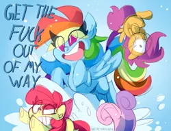 Size: 1895x1446 | Tagged: safe, artist:nekosnicker, derpibooru import, apple bloom, rainbow dash, scootaloo, sweetie belle, earth pony, pegasus, pony, unicorn, christmas, cutie mark crusaders, funny, holiday, joke, rainbow douche, snow, swearing, vulgar, winter