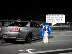 Size: 1152x864 | Tagged: safe, derpibooru import, vinyl scratch, pony, unicorn, car, fourth wall, fourth wall break, nissan, nissan skyline, skyline