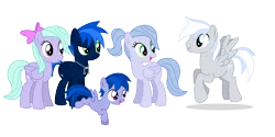 Size: 7456x3728 | Tagged: safe, artist:northernthestar, derpibooru import, flitter, oc, oc:adryna, oc:northern star, oc:silver strike, oc:turbo, pegasus, pony, absurd resolution, canon x oc, colt, female, male, mare, oc x oc, offspring, offspring shipping, parent:flitter, parent:oc:northern star, parents:canon x oc, shipping, simple background, stallion, straight, transparent background