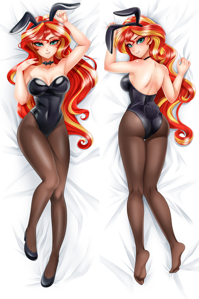 Size: 1200x1800 | Tagged: suggestive, artist:racoonsan, derpibooru import, sunset shimmer, human, equestria girls, animal costume, anime, armpits, ass, bare shoulders, bedroom eyes, blushing, body pillow, body pillow design, breasts, bunny ears, bunny suit, busty sunset shimmer, butt, clothes, costume, female, high heels, humanized, legs, leotard, looking at you, looking back, looking back at you, looking over shoulder, pantyhose, playboy bunny, sexy, sheet grab, shoes, sleeveless, smiling, solo, solo female, stocking feet, strapless, stupid sexy sunset shimmer