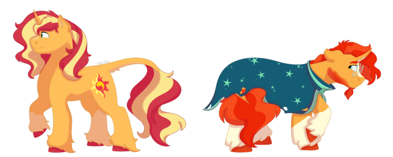 Size: 1280x512 | Tagged: safe, artist:itstechtock, derpibooru import, sunburst, sunset shimmer, classical unicorn, pony, unicorn, brother and sister, cloven hooves, headcanon in the description, leonine tail, siblings, simple background, sunny siblings, transparent background, unshorn fetlocks