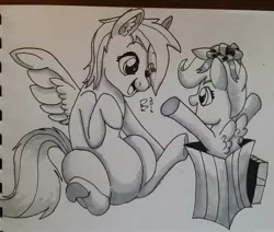 Size: 2169x1836 | Tagged: safe, artist:riggyrag, derpibooru import, rainbow dash, scootaloo, pegasus, pony, /mlp/, box, cute, ear fluff, female, filly, happy, mare, monochrome, pony in a box, present, scootalove, signature, simple background, sitting, smiling, spread wings, surprised, traditional art, underhoof, white background, wings