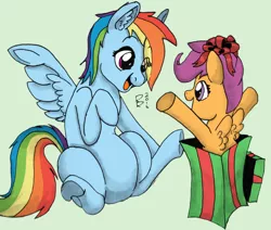 Size: 1024x867 | Tagged: safe, artist:riggyrag, color edit, derpibooru import, edit, rainbow dash, scootaloo, pegasus, pony, /mlp/, box, colored, cute, ear fluff, female, filly, mare, pony in a box, present, scootalove, signature, simple background, sitting, smiling, spread wings, surprised, traditional art, underhoof, wings