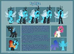 Size: 5650x4188 | Tagged: safe, artist:paradiseskeletons, derpibooru import, changeling queen oc, oc, oc:queen fylifa, changeling, changeling queen, unicorn, blue changeling, changeling oc, disguise, disguised changeling, drone, female, glowing mane, reference sheet